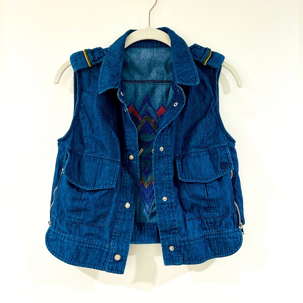 Vintage Soft Denim Vest Hand Sewn Aztec Embroidered Back, Army Epaulets Shoulder